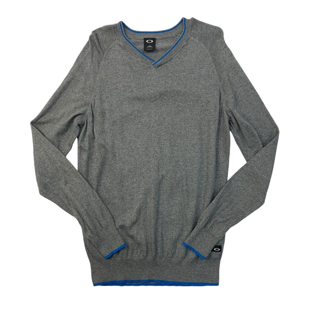 Oakley Sweater Mens L Large Gray Tailored Fit V Neck Pullover Cotton Blend Prep